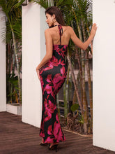 Halter Metal Decoration Cut Out Floral Print Mermaid Dress